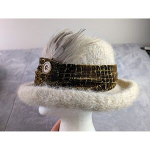 NozamaHats Cream Knitted Felted Wool Hat Feather Metallic Gold Black Band